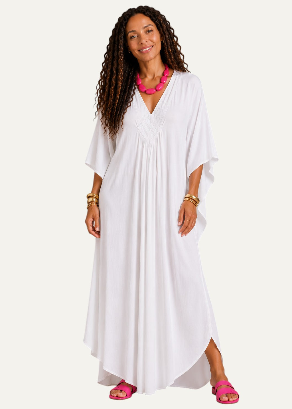V Neck Kaftan with Diamond Pintuck - White